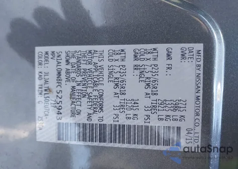 2015 Infiniti Qx60 z USA, uszkodzony, nr VIN 5N1AL0MN8FC525943